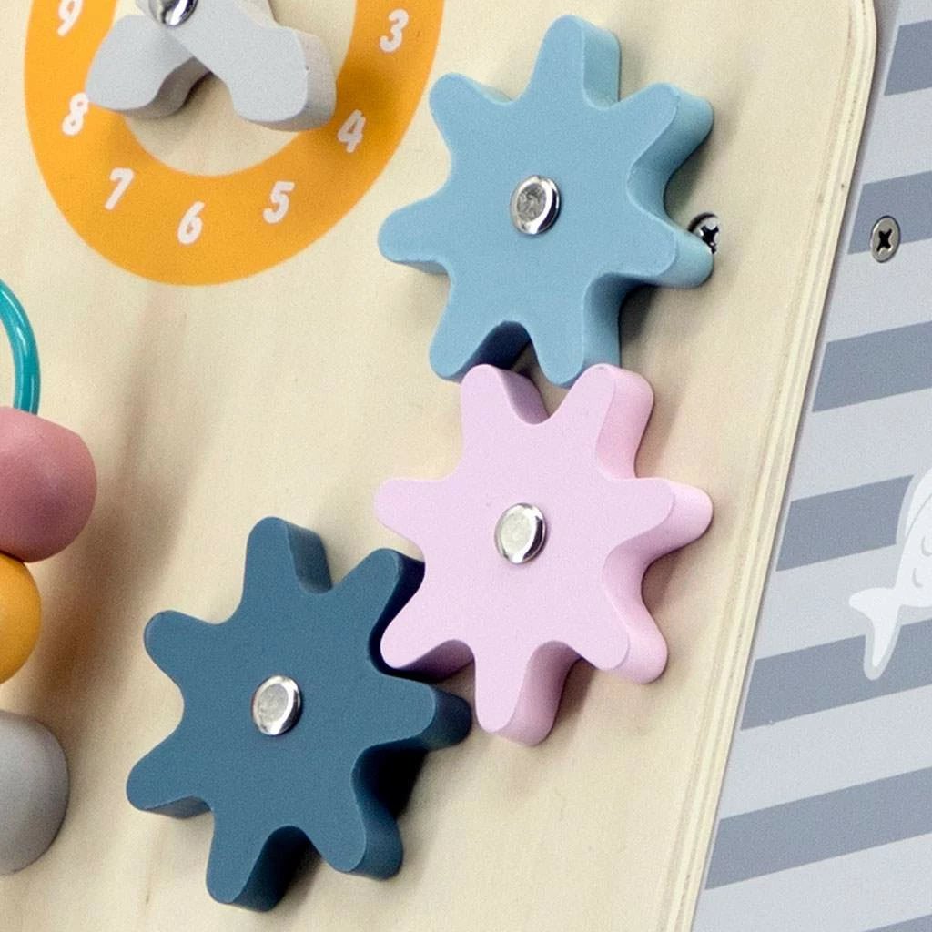 Ecëse prej druri me aktivitete, Viga, panel edukativ, për fëmijë 18+ muaj, shumëngjyrëshe