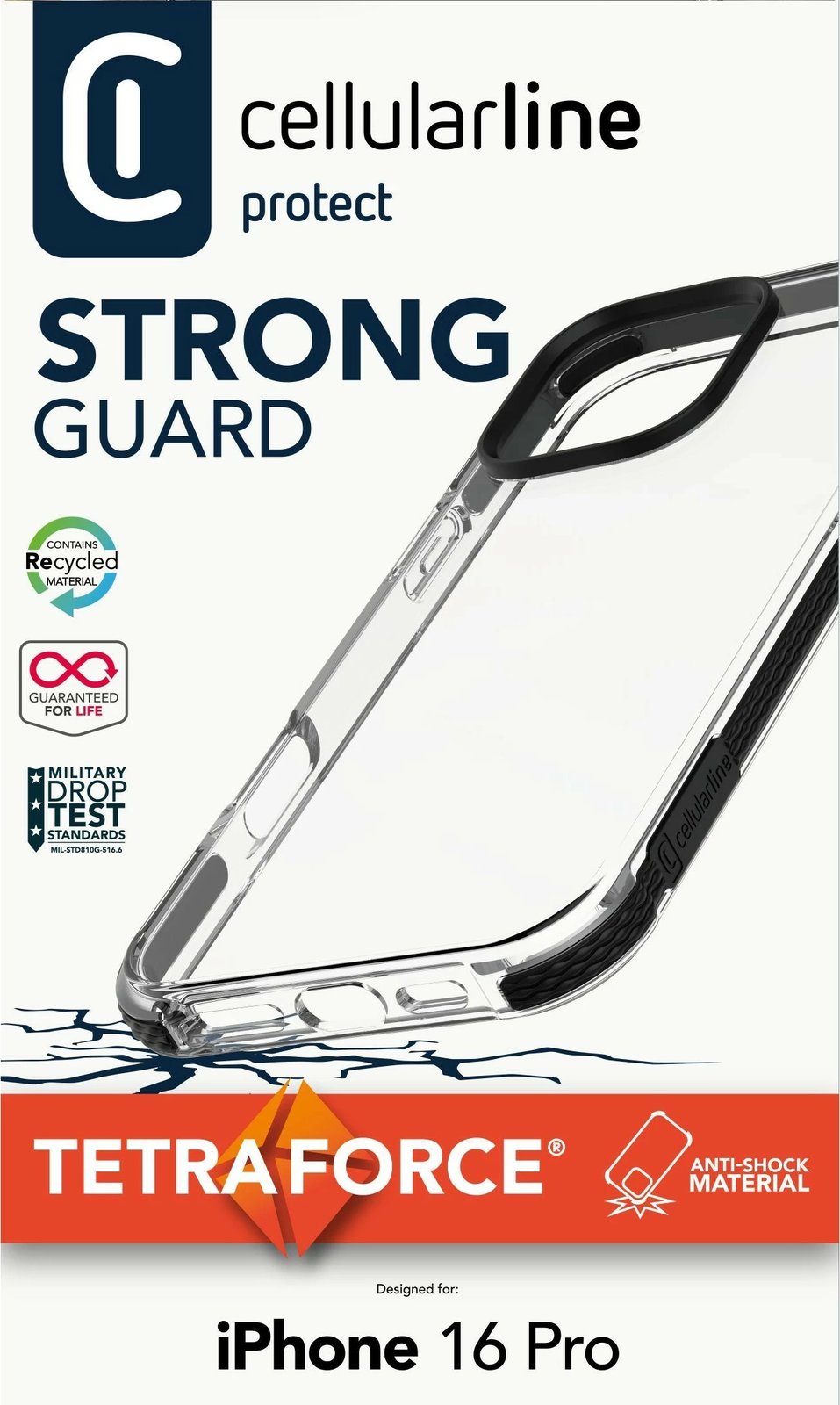 Mbështjellës Cellularline Tetra Force Strong Guard për iPhone 16 Pro, 6.3", e zezë