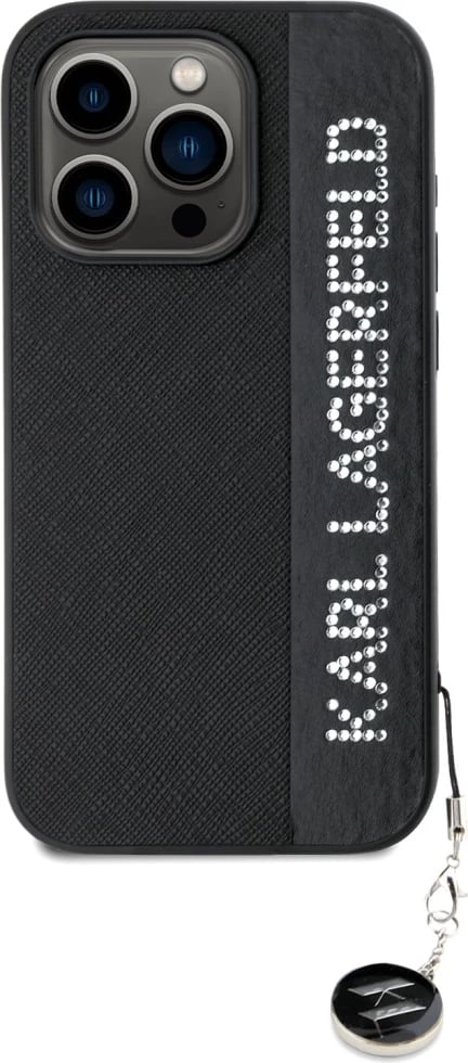 Mbështjellës Karl Lagerfeld Saffiano Rhinestones & Charm për iPhone 15 Pro, i zi