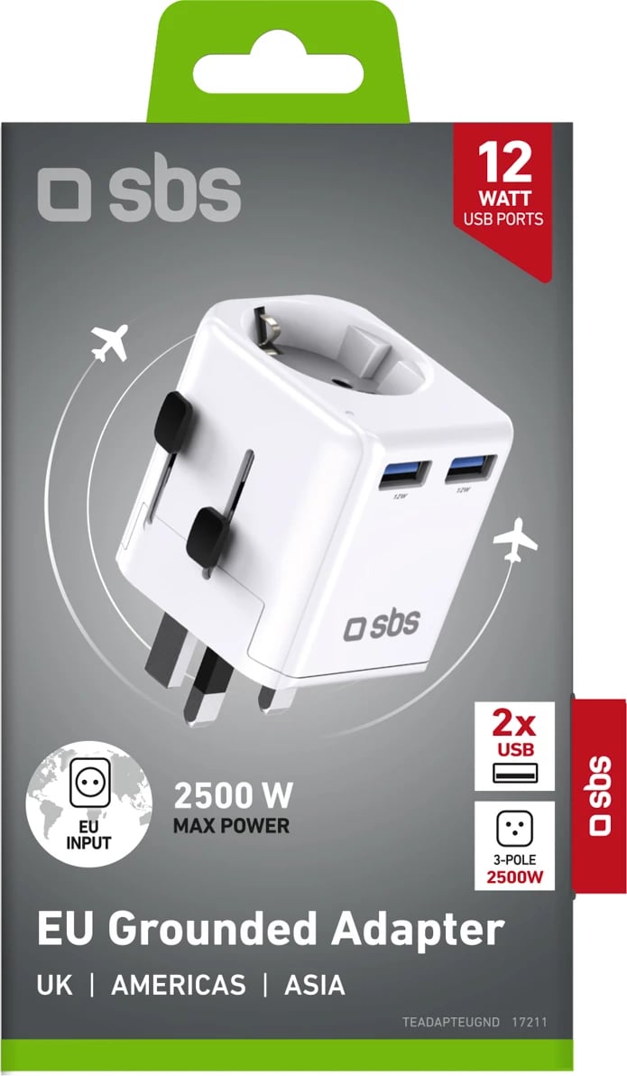 Adapter udhëtimi universal, SBS, TEADAPTEUGND, 2x USB-A 12W + prizë AC 2500W, plugje UK/US/AU/EU/ASIA, bardhë