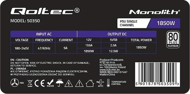 Furnizues i Energjisë Qoltec 50350, 1850W PCI-E, 80 Plus Platinum për Gaming Miner, Gri Furnizues i Energjisë Qoltec 50350, 1850W PCI-E, 80 Plus Platinum për Gaming Miner, Gri