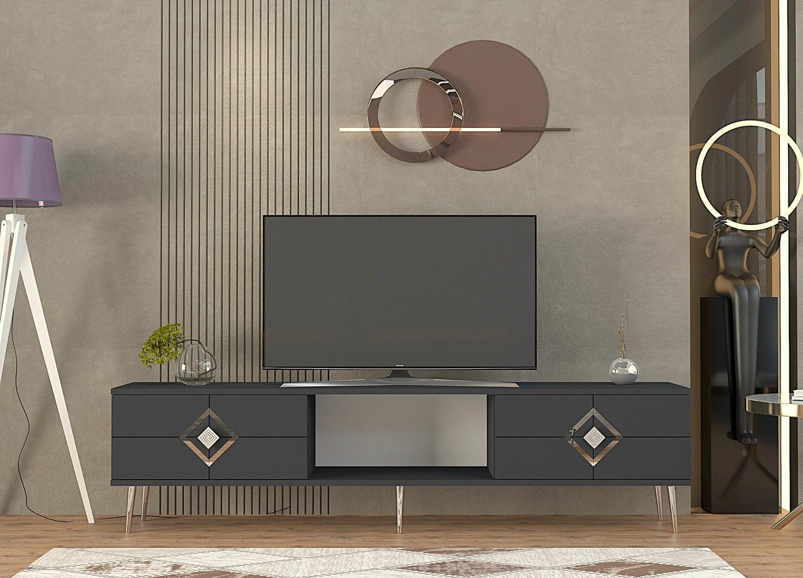 Komodë TV Skye Decor, ngjyrë antracit, argjendtë