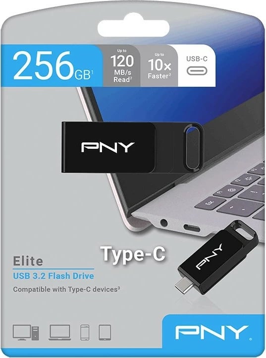 Pendrive PNY Elite 256GB, USB-C 3.2, e zezë