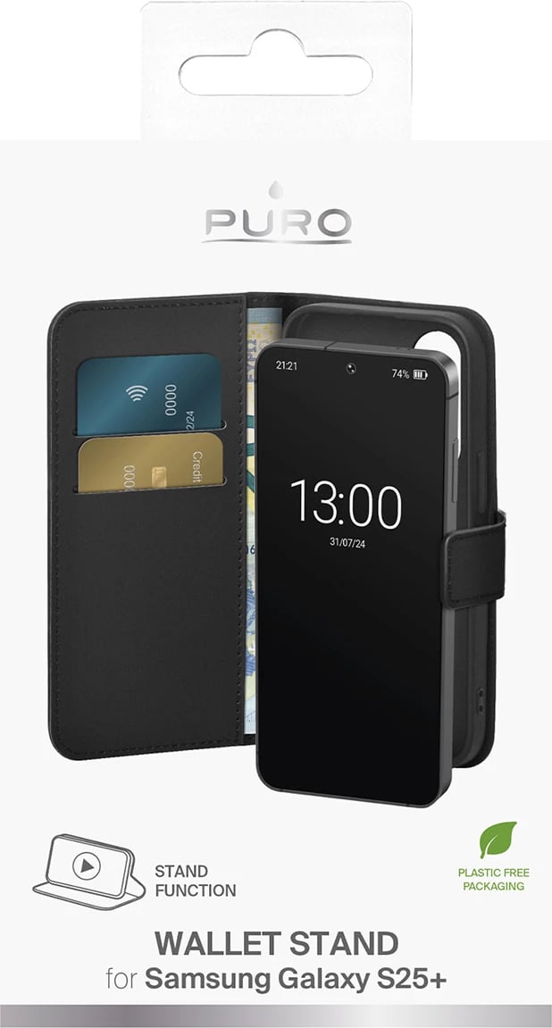 Mbështjellës Puro Booklet Case me kapak dhe portofol për Samsung Galaxy S25+, i zi