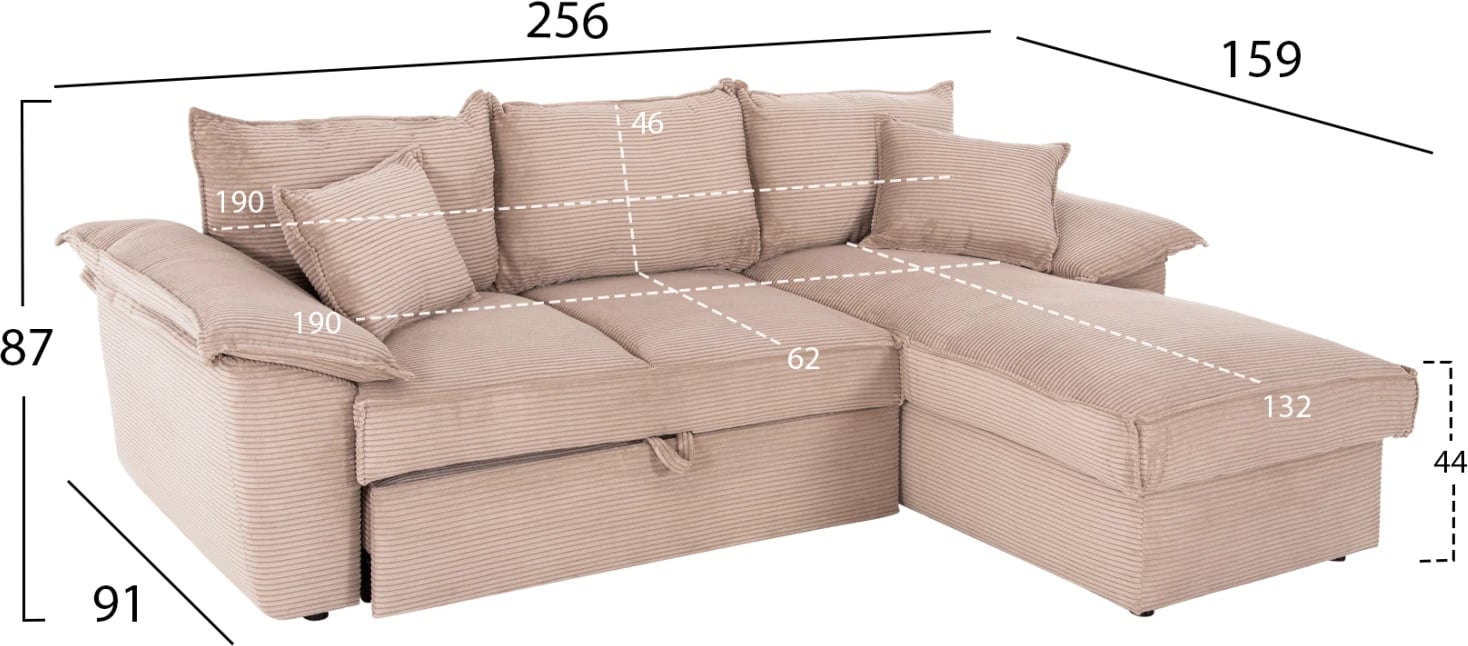 Divan qoshe me shtrat dhe hapësirë ruajtjeje ALDO FH3276.01R, pëlhurë bezhë, 256x91-159x87H cm