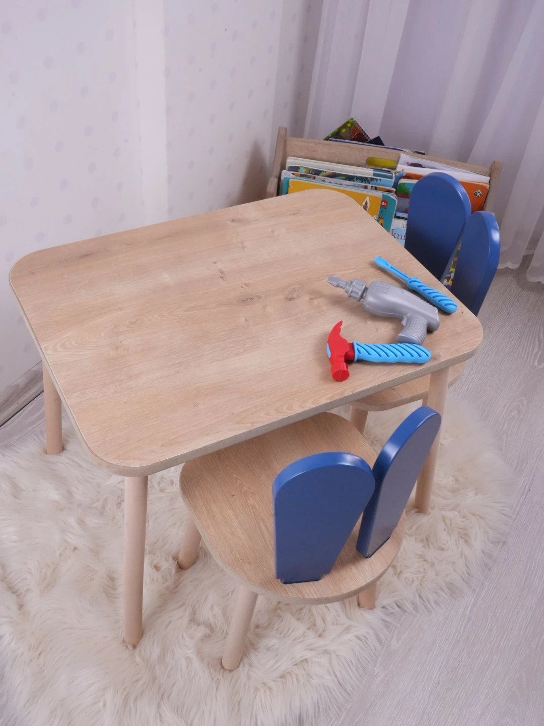 Set tavoline për fëmijë Hanah Home, Bunny, një karrige, ngjyrë kaltër, kafe