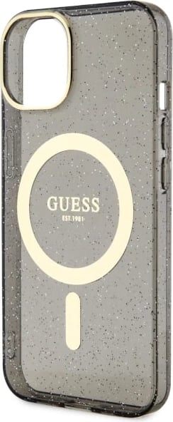 Mbështjellës Guess GUHMP14MHCMCGK për iPhone 14 Plus 6.7", Glitter Gold MagSafe, zi