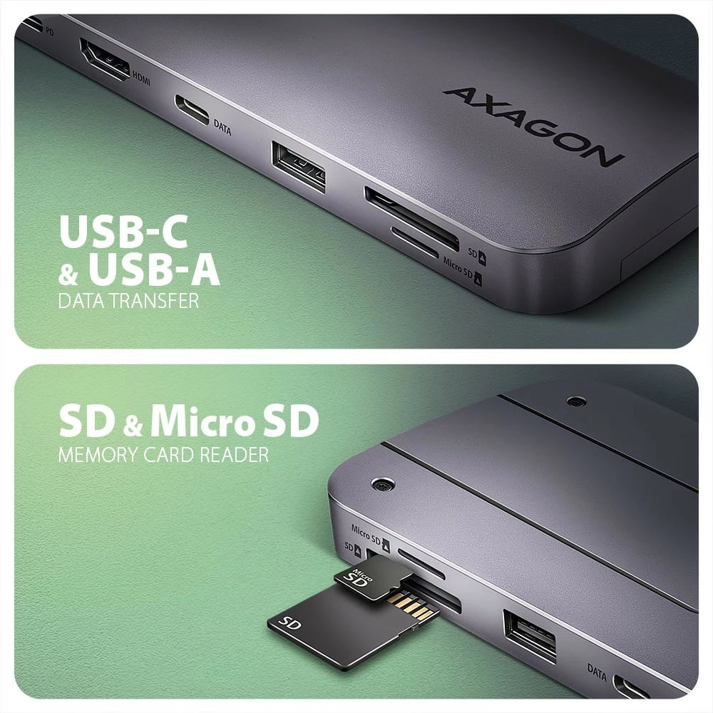 Multiport hub AXAGON HMC-6GM2, 6-në-1, USB-C 10Gbps, HDMI 4K/60Hz, M.2 NVMe/SATA, SD/microSD, PD 100W, Gri