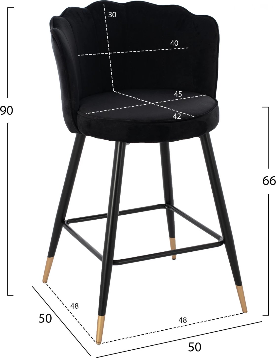 Karrige për bar mesatare FH8736.04 kadife e zezë me kornizë metalike 50x50x90 cm., set prej 2 copë