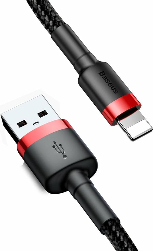 Kabllo Baseus Cafule CALKLF-A19, USB-A në Lightning, 0.5m, 2.4A, e zezë/kuqe