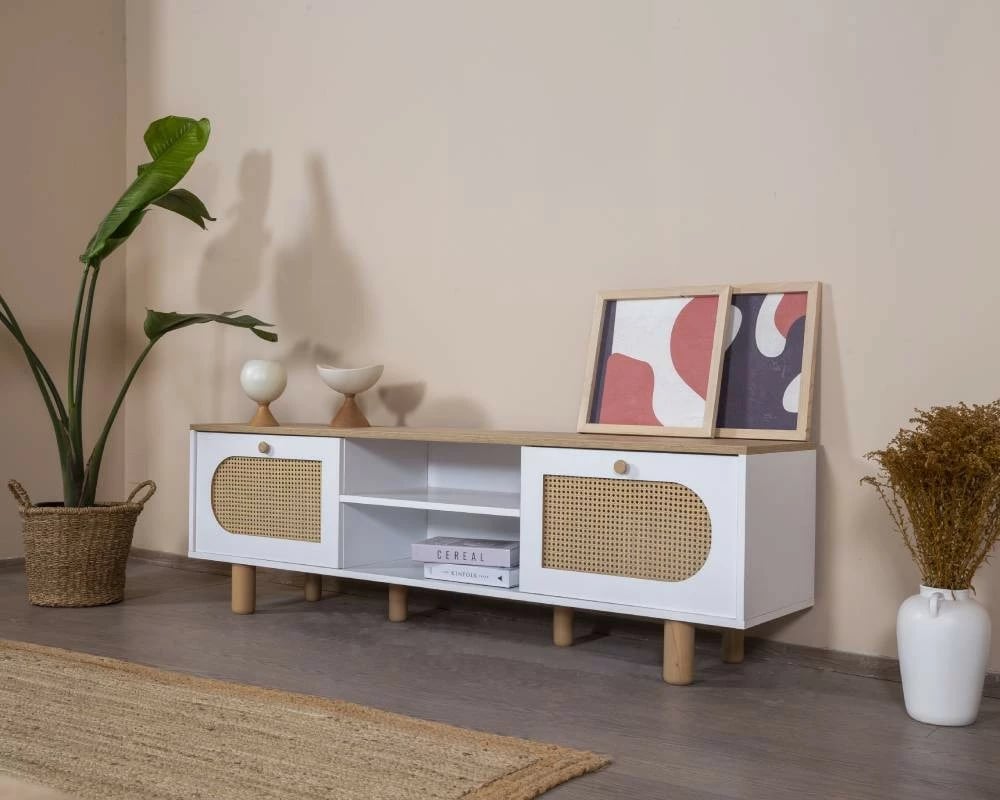 Komodë TV Skye Decor, stil bohem, e bardhë dhe lis