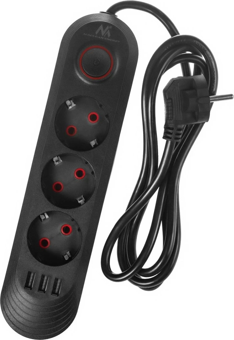 Zgjatues elektrik, Maclean MCE394 B, 3x Schuko + 3x USB, kabllo 1.5 m, 2500W 2.1A, 110-240V, i zi