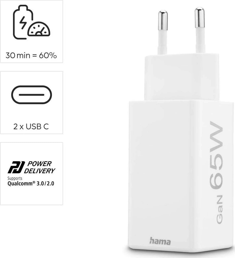 Karikues rrjeti Hama 65W GaN PD/QC 2x USB-C, bardhë