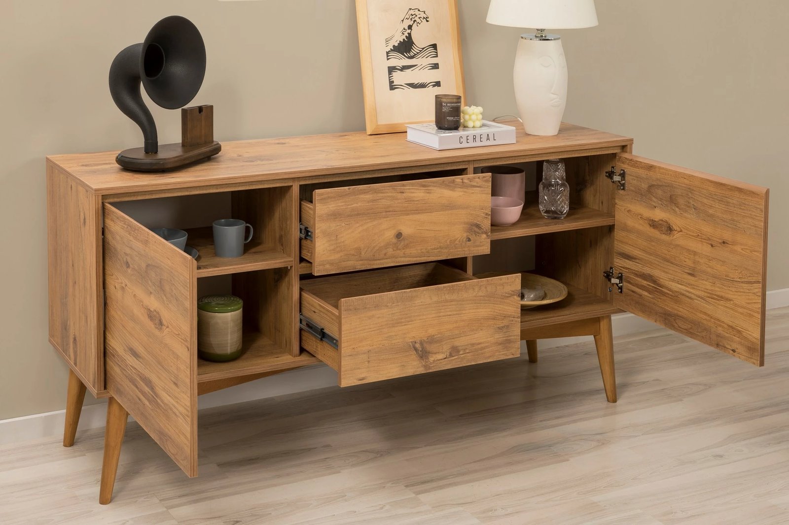 Set tavoline me karrige dhe konsolë, zgjatshme, 7 pjesë, Skye Decor, Vina 03 1053, ngjyrë Atlantic Pine dhe antracit