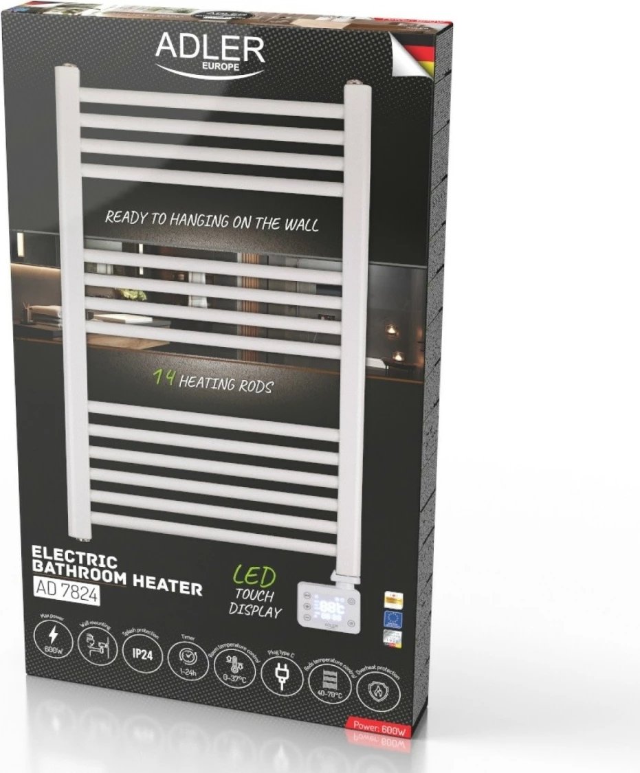 radiator banjo elektrik me LED, Adler AD 7824, 600 W, 50×90 cm, timer 24h, IP24, i bardhë
