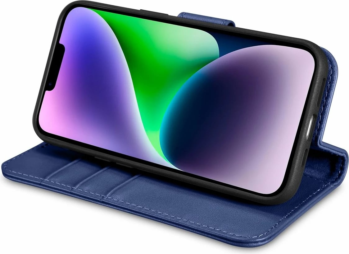 Mbështjellës iCarer Wallet Case 2in1 për iPhone 14, lëkurë natyrale, Anti-RFID, Blu
