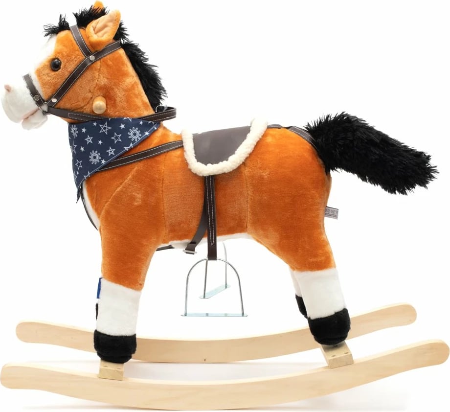 Kalë lëkundës, Baby Mix, Lightning, interaktiv me melodi dhe lëvizje, me shami, shina dhe doreza druri, deri 25 kg, 18m+, kafe