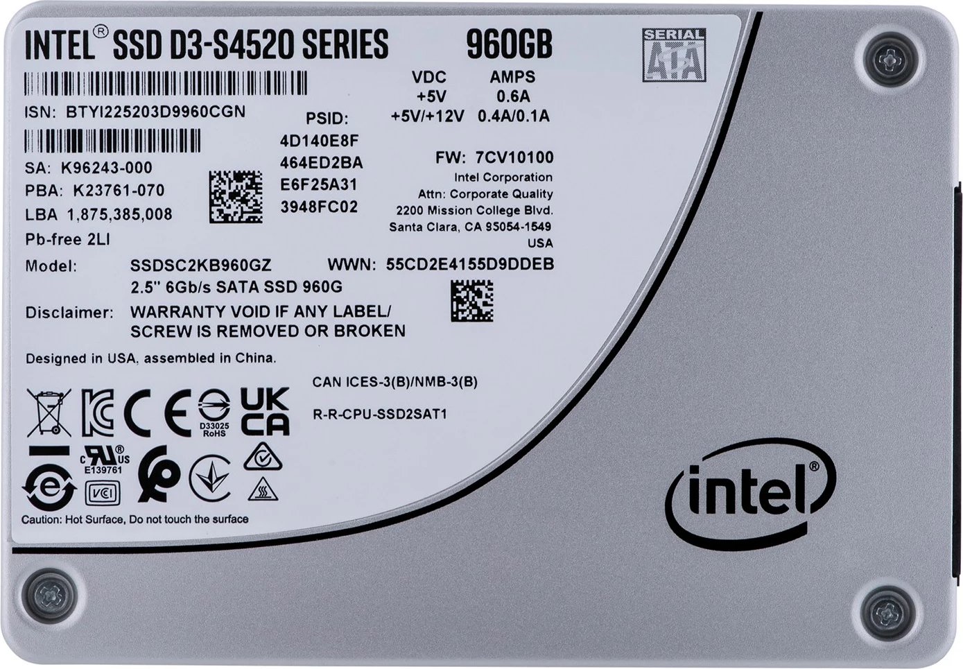 Disk i bendshëm D3 SSDSC2KB960GZ01, 2.5", 960 GB, Serial ATA III TLC, 3D NAND