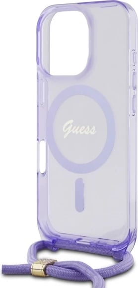 Mbështjellës Guess Crossbody Cord Script MagSafe për iPhone 16 Pro Max, Vjollcë