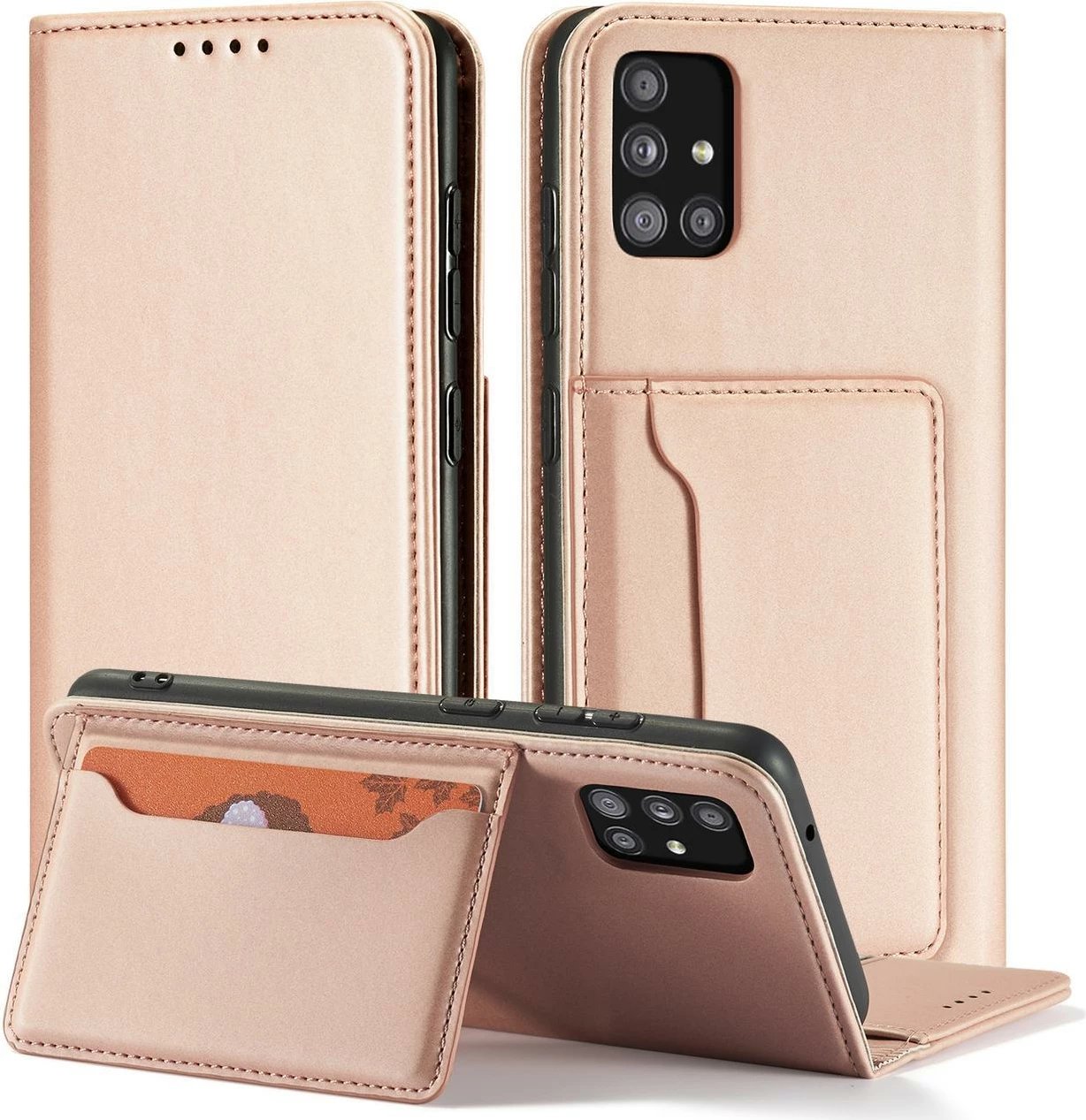 Mbështjellës Hurtel Magnet Card Case për Samsung Galaxy A12 5G, me kapak, portofol, rozë