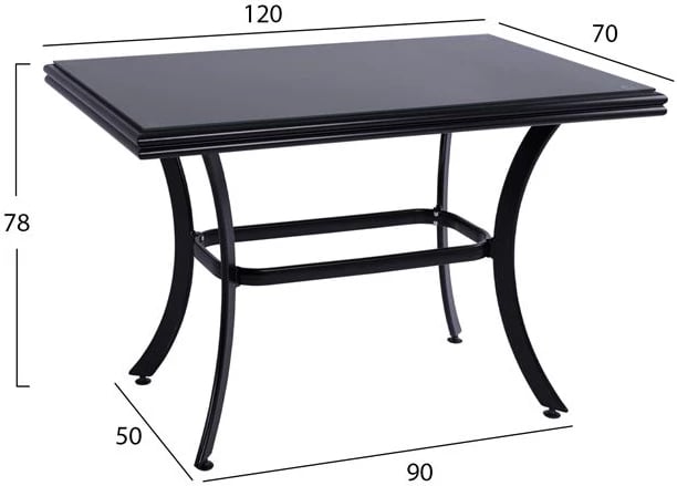 Tavolinë ngrënieje alumini JAXEN FH5533.02, ngjyrë e zezë, me sipërfaqe xhami të kalitur dhe textilene, 120x70x78H cm