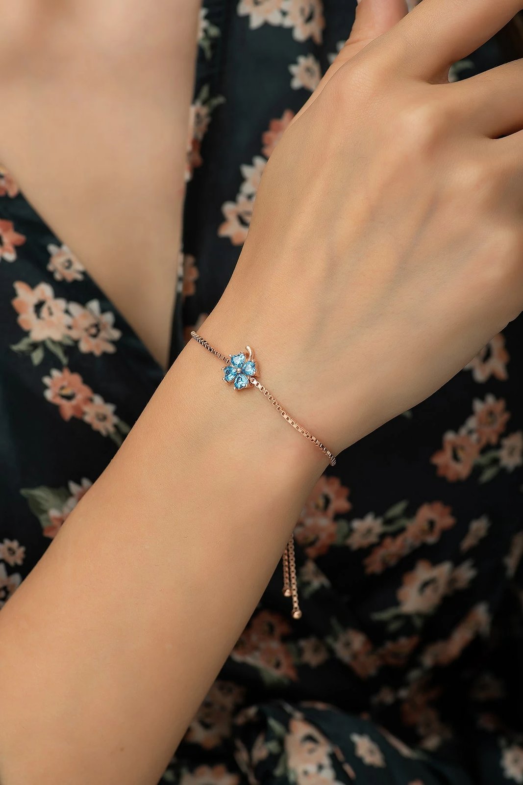 Byzylyk argjendi, ngjyrë rozë ari, gur akuamarin, Jumeon TRDYL700