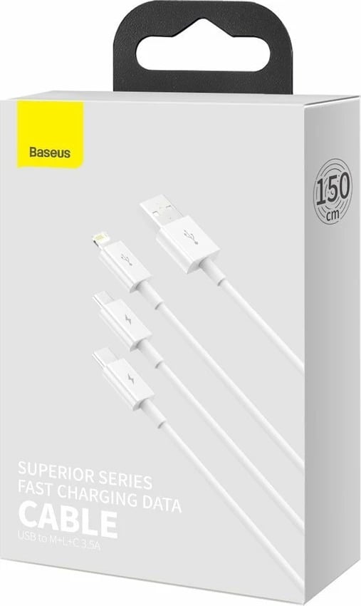 Kabllo 3n1 Baseus Superior CAMLTYS-02, 1.5m, Lightning/USB-C/Micro USB, Bardhë