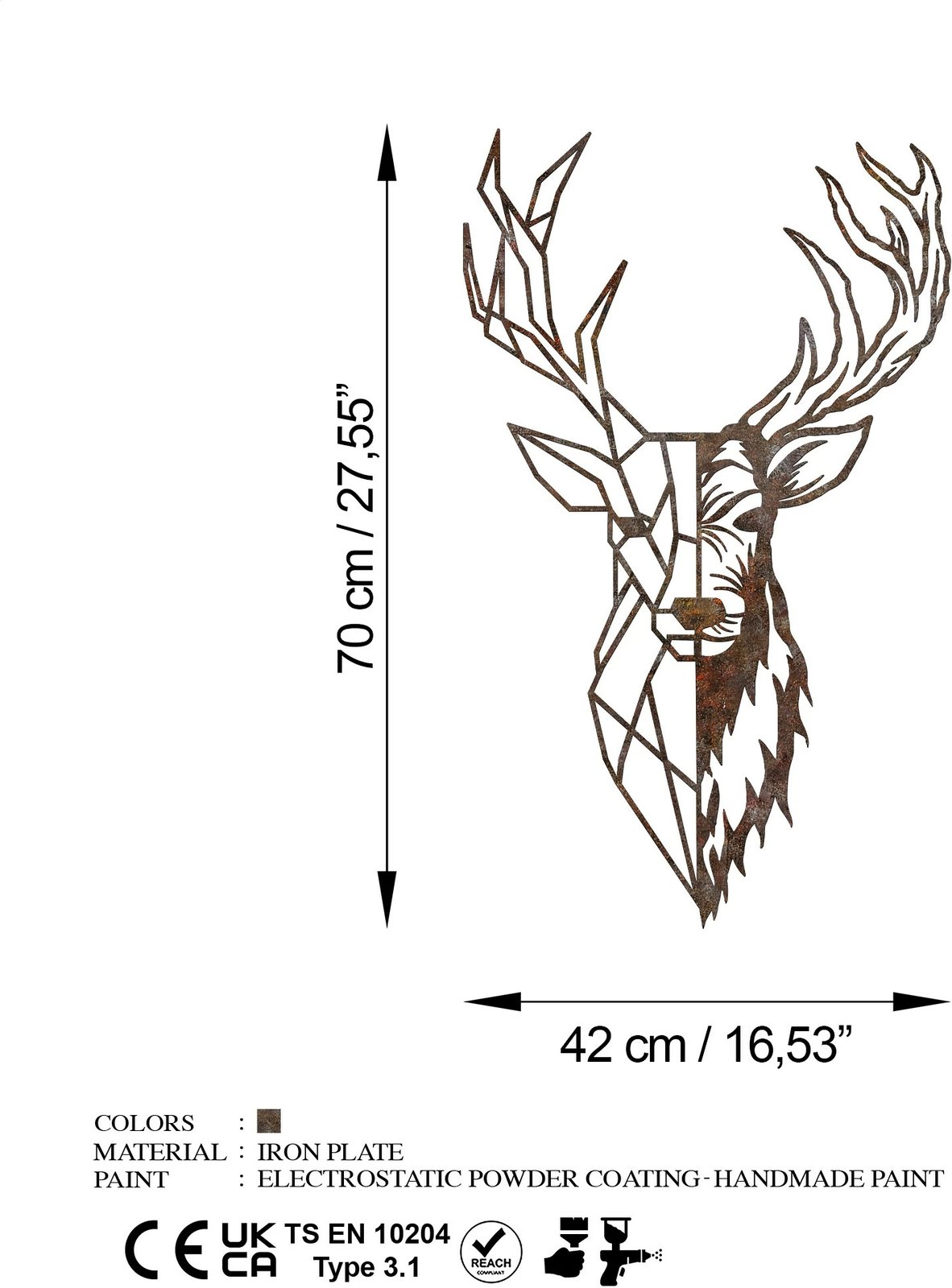 Aksesor dekorativ metalik për mur, kaproll, Wallity, Rusty Deer 3