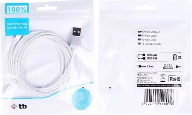 Kabllo USB në USB Type-C TB AKTBXKUCSBA200V, 2m, Argjend