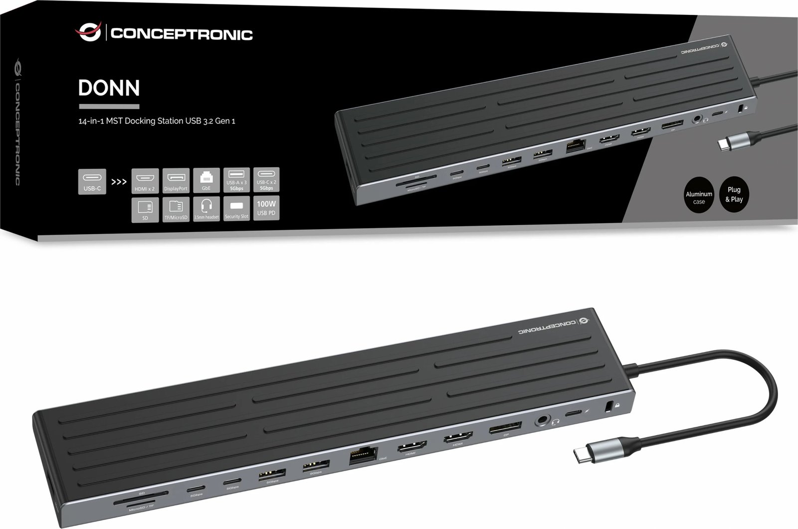 Dock Conceptronic 14-1 USB-C, 2xHDMI, DP, 2xUSB-C, 18cm, zi