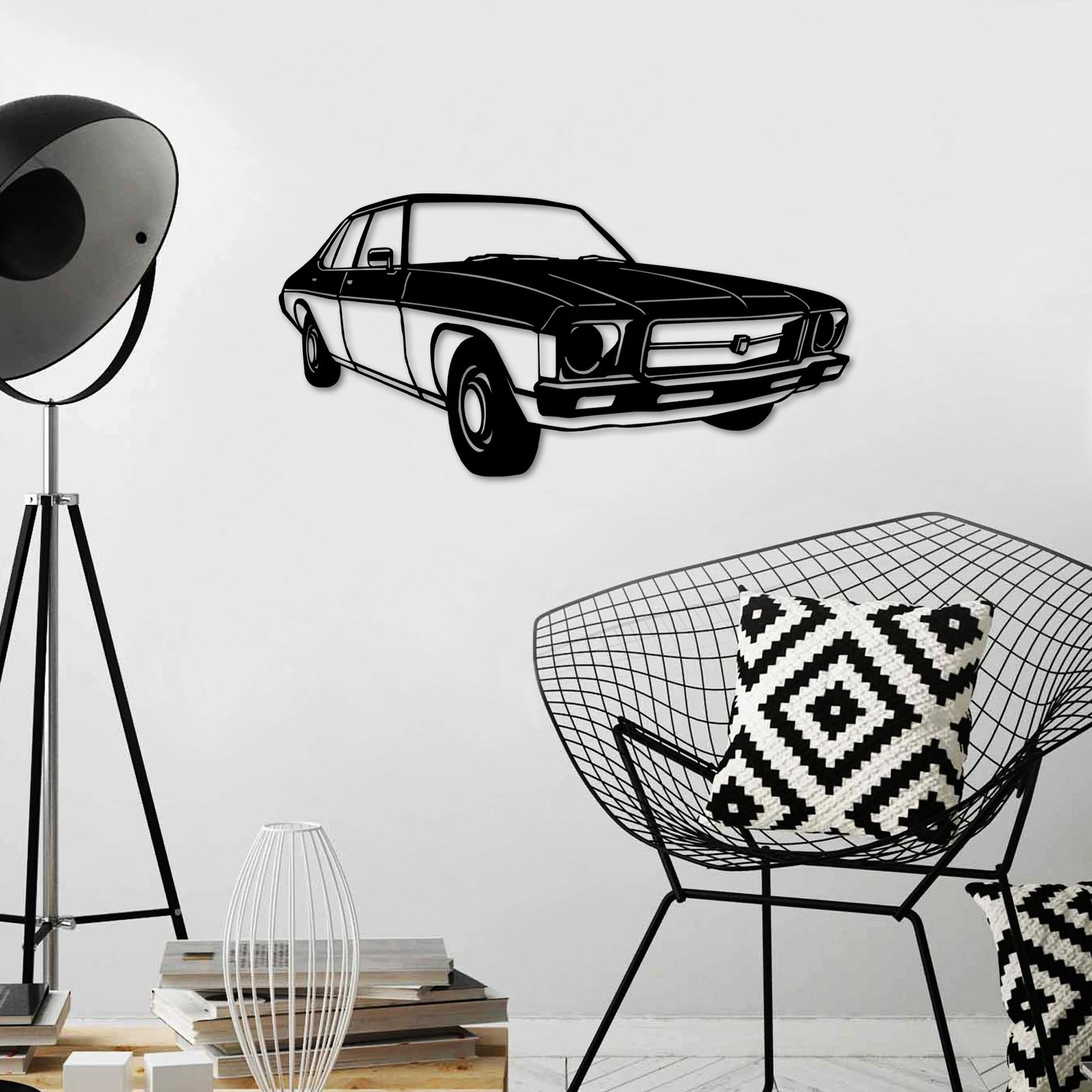 Aksesor dekorativ metalik për mur, veturë vintage sedan Holden Kingswood, ngjyrë e zezë