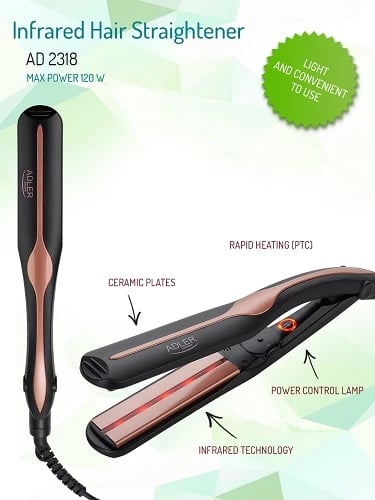 drejtues flokësh infrared, Adler AD 2318, pllaka qeramike 11x3 cm, rregullim temperature 150-230°C, 35W (max 120W), e zezë/rozë e artë