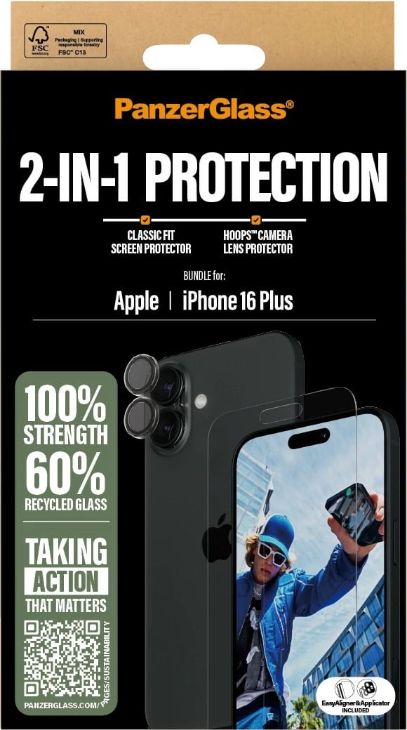 Mbrojtës ekrani PanzerGlass për iPhone 16 Plus, transparent, 2-in-1 bundle
