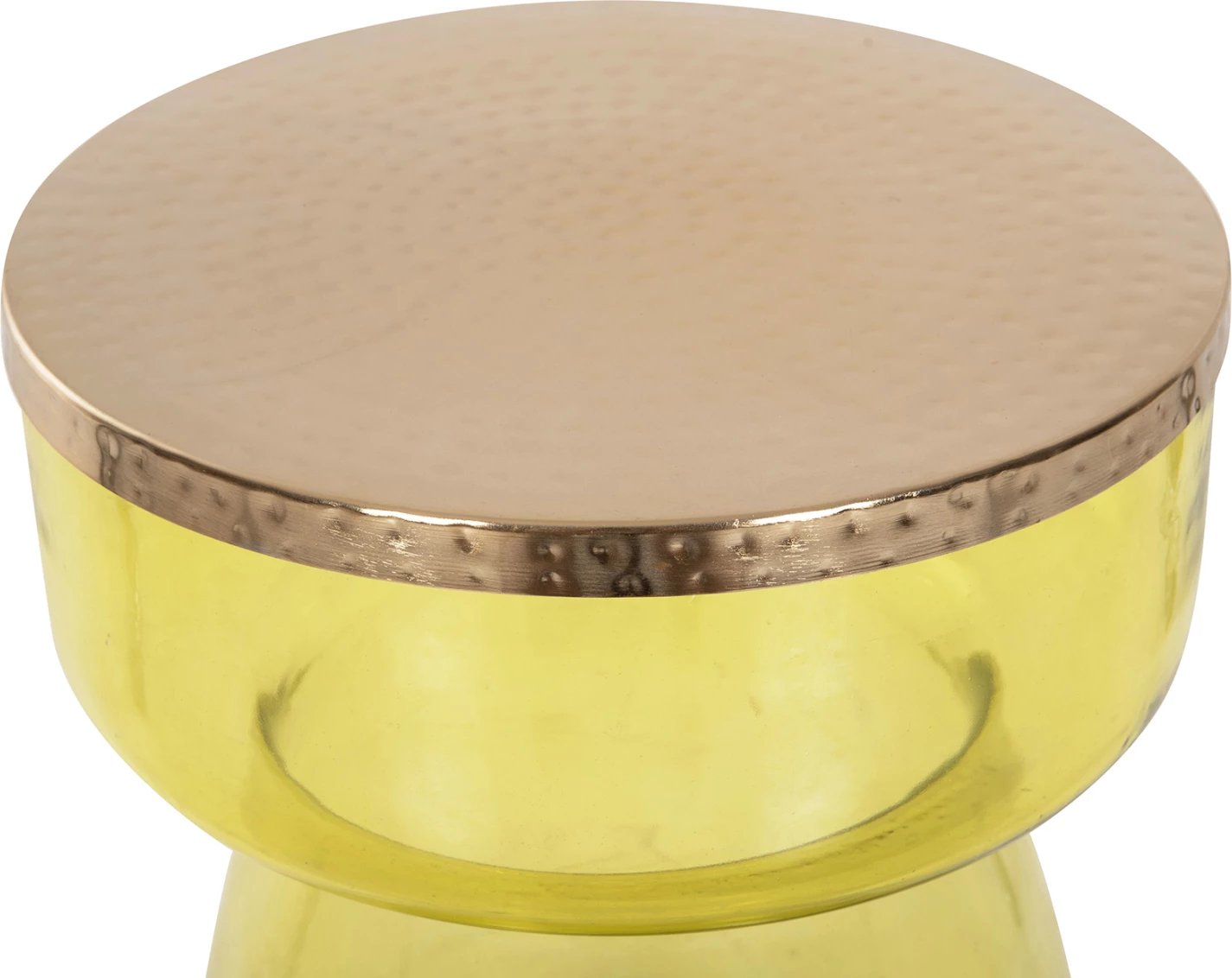 Tavolinë anësore RANE, bazë qelqi e gjelbër e lehtë, sipërfaqe metalike në ar, Φ36x47H cm