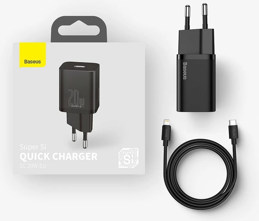 Karikues muri Baseus Super Si 1C, 20W, USB-C, me kabllo USB-C në Lightning 1m, Zi Karikues muri Baseus Super Si 1C, 20W, USB-C, me kabllo USB-C në Lightning 1m, Zi