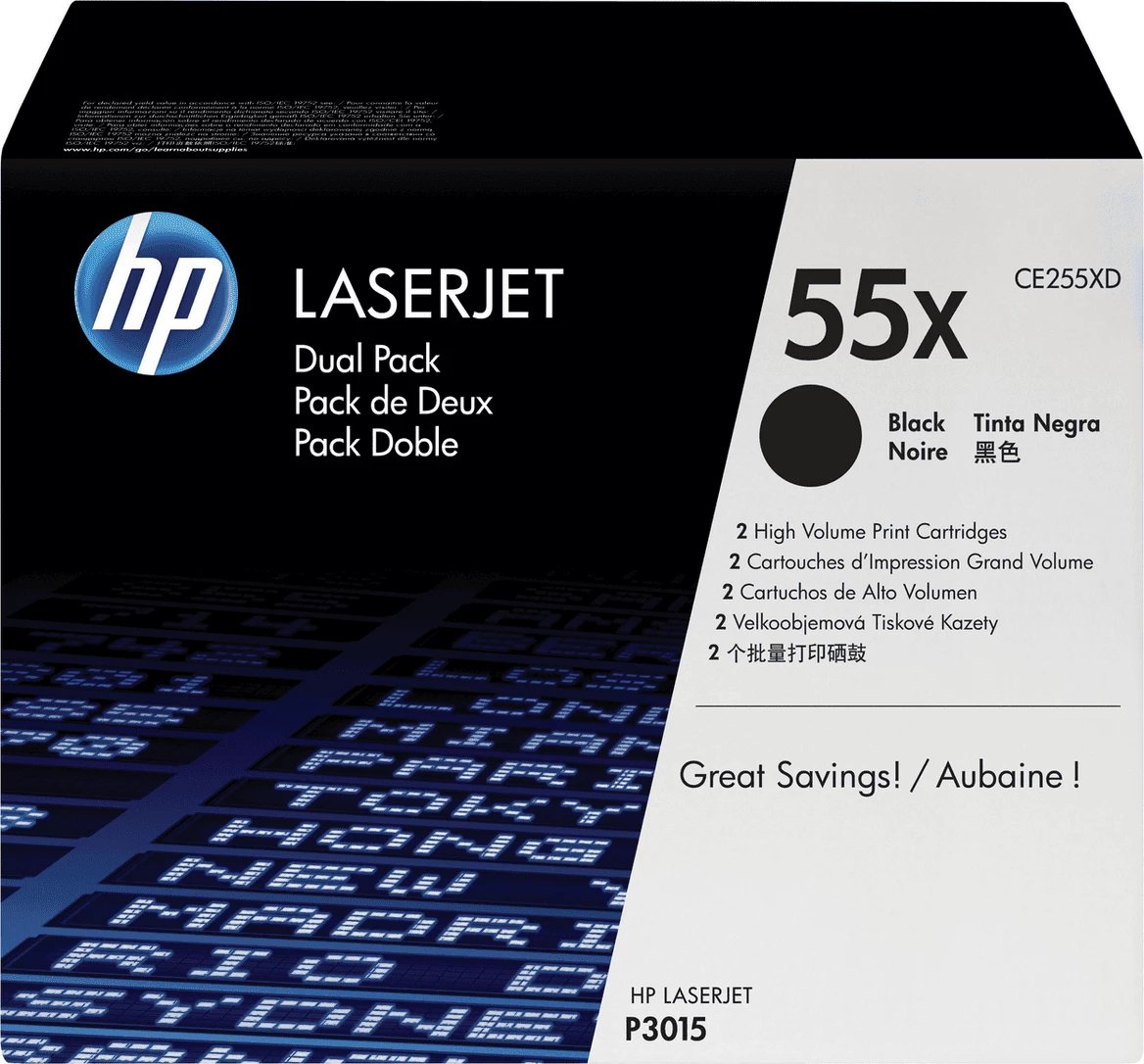 Toner HP 55X CE255XD rendiment i lartë 12,500 faqe për kartrixh XL, e zezë, paketë dyshe