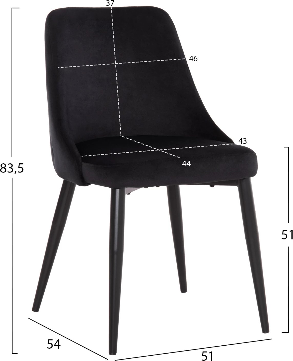 Karrige për ngrënie Serenity FH8527.14, kadife e zezë, këmbë metalike të zeza, 51x54x83.5 cm, set prej 2 copë