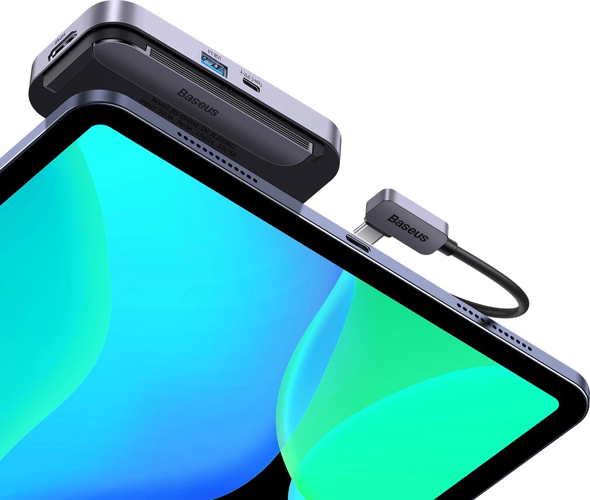 HUB Baseus PadJoy 6-në-1, USB-C, për tabletë/celular, Gri e errët