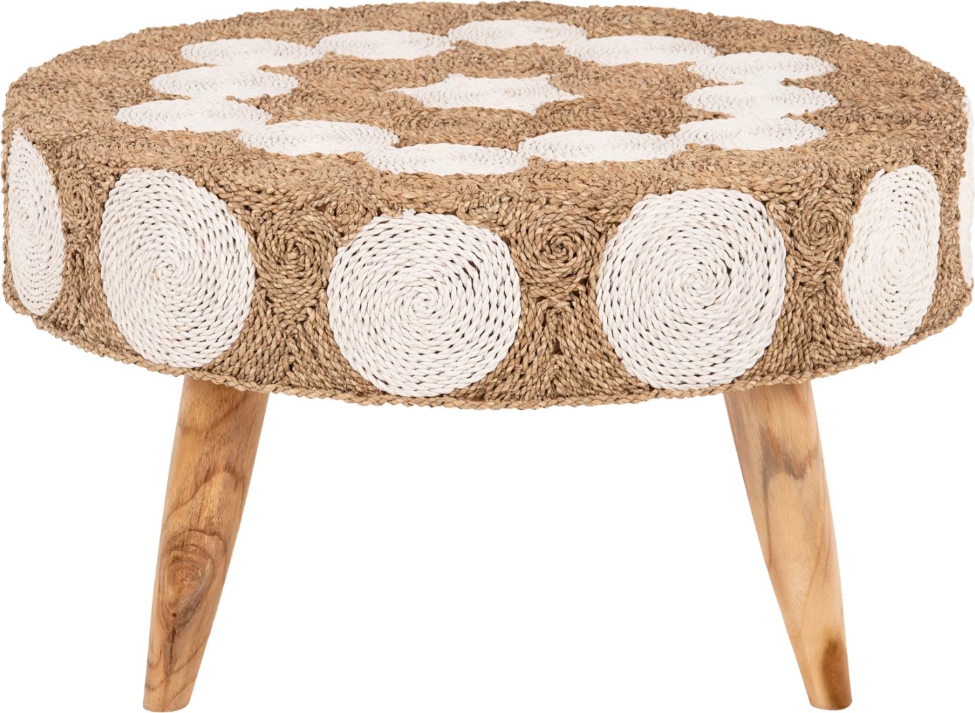 Tavolinë kafeje e rrumbullakët, dru tik dhe seagrass, ngjyrë natyrale & e bardhë, FH7825, 81x45cm