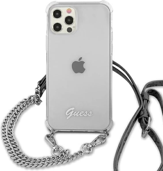 Mbështjellës Guess GUHCP12LKC4GSSI për iPhone 12 Pro Max 6.7", transparent, me zinxhir argjendi