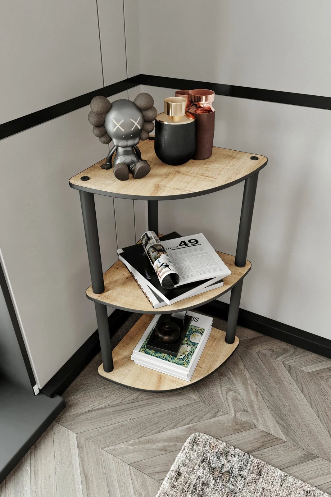 Raft librash këndor, 3 kate, ngjyrë lisi, Skye Decor