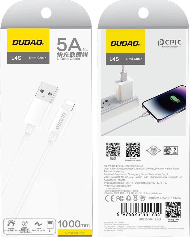 Kabllo Dudao L4SL USB-A në Lightning, 1m, 2A, e bardhë