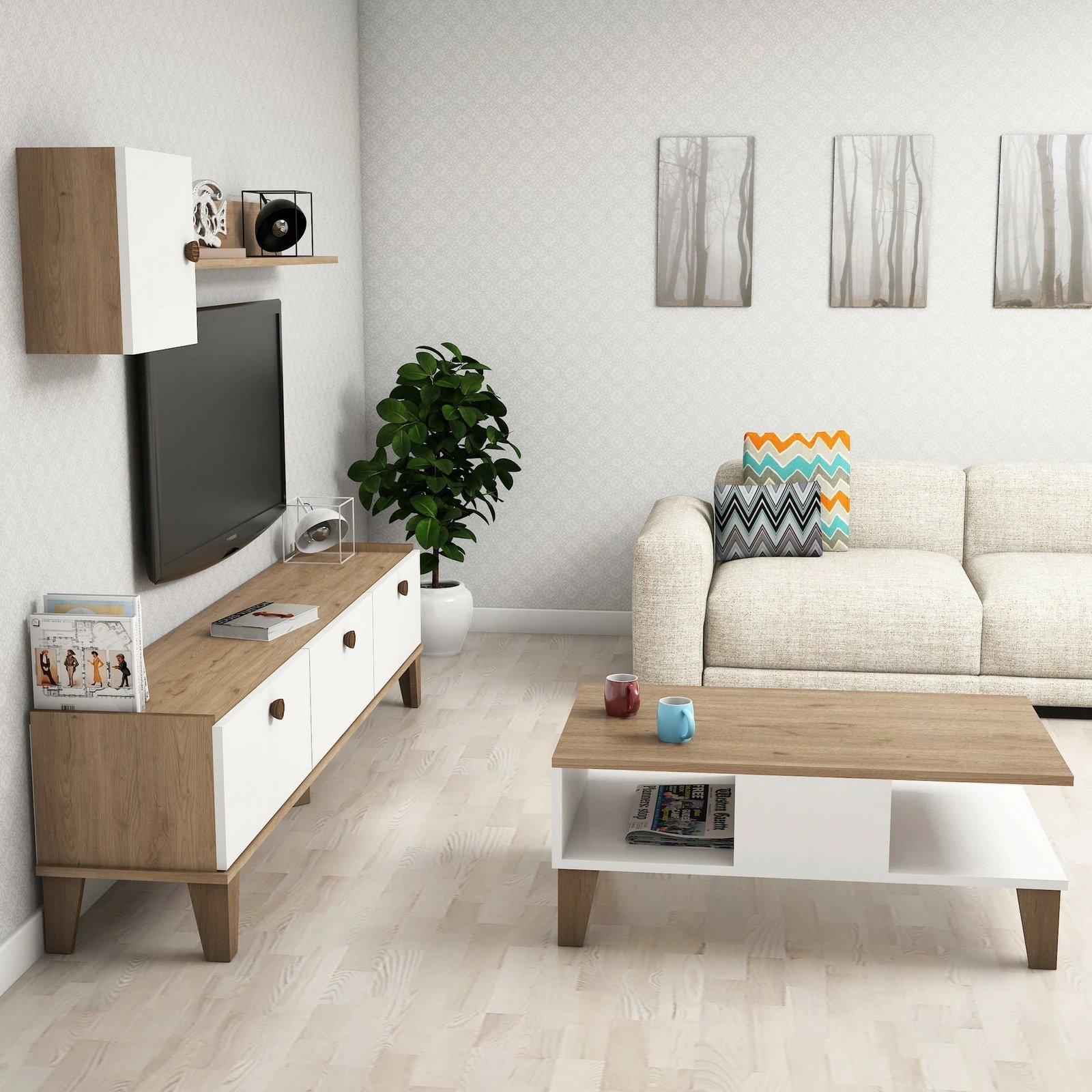 Set mobiljesh për dhomë dite, ngjyrë lis dhe e bardhë, Sumer 1, Hanah Home Set mobiljesh për dhomë dite, ngjyrë lis dhe e bardhë, Sumer 1, Hanah Home