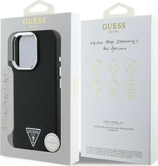 Mbështjellës Guess Grained Triangle MagSafe për iPhone 16 Pro Max 6.9", i zi