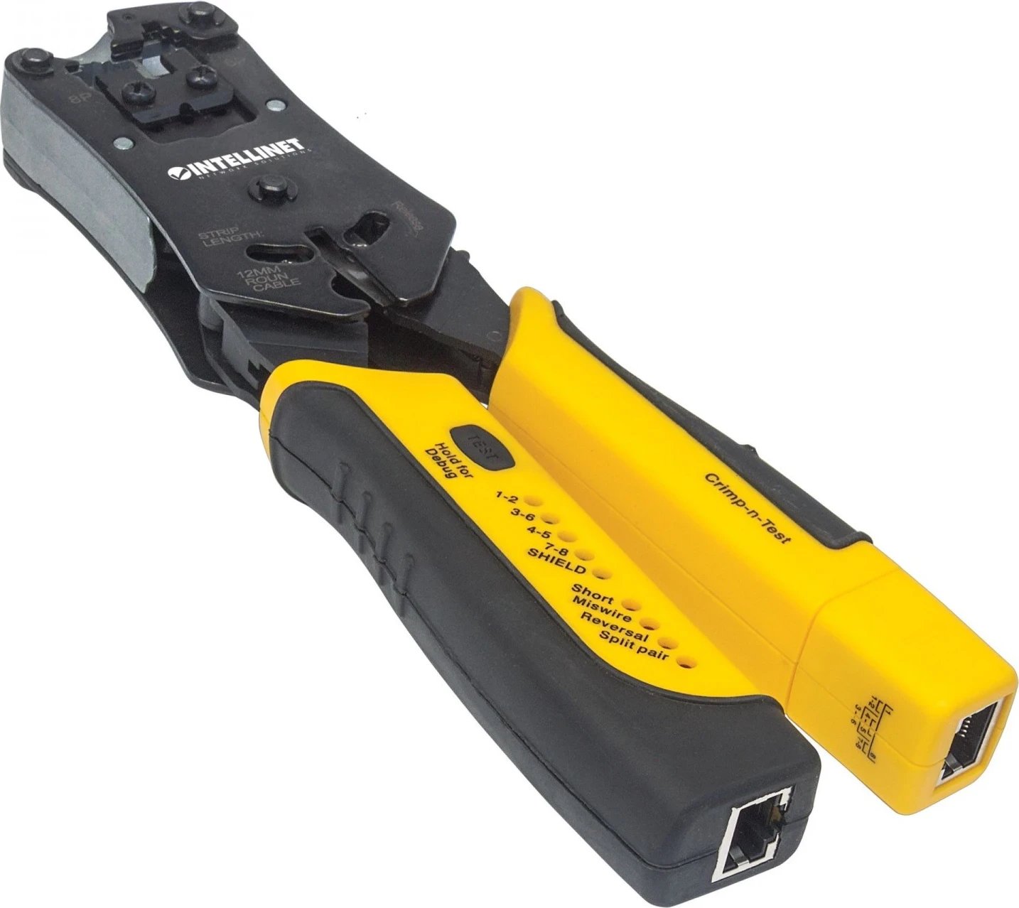 Vegla profesionale Intellinet 780124 për shtypjen e prizave RJ dhe testimin e kabllove