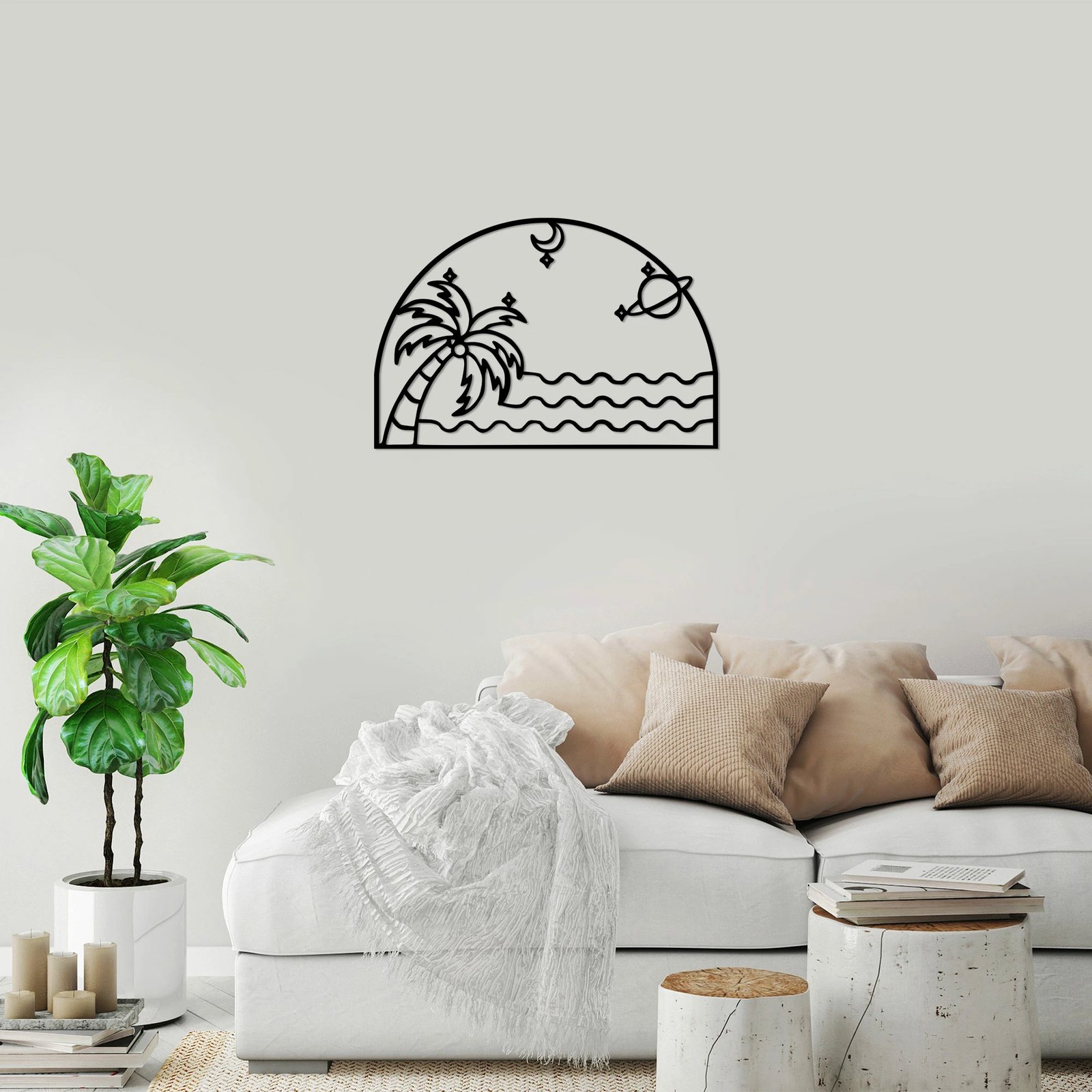 Aksesor dekorativ metalik për mur, Palm Sea Moon, 70x47cm