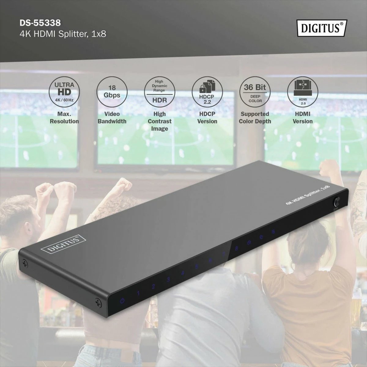 Shpërndarës HDMI Digitus DS-55338, 1x8, 4K/60Hz, HDR, i zi