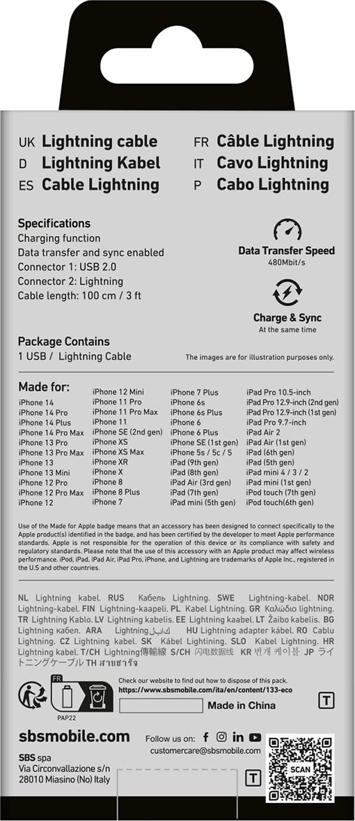 Kabllo USB-A në Lightning SBS TECABLEUSBIP589K, 1m, e zezë Kabllo USB-A në Lightning SBS TECABLEUSBIP589K, 1m, e zezë