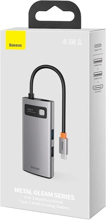 Kasë Baseus Metal Gleam Series 4in1, CAHUB-CY0G, USB-C në USB 3.0 + USB 2.0 + HDMI + USB-C PD, Gri