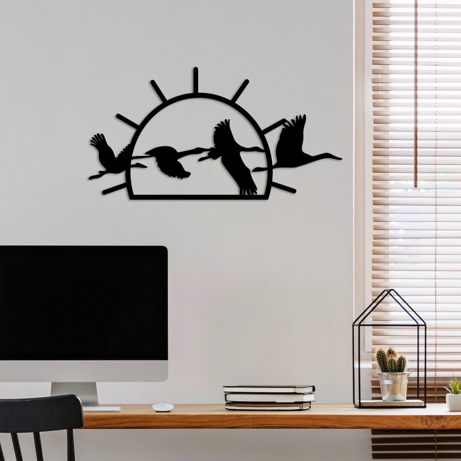 Aksesor dekorativ metalik për mur, zogj migrantë, Wallity, i zi, 70x36cm